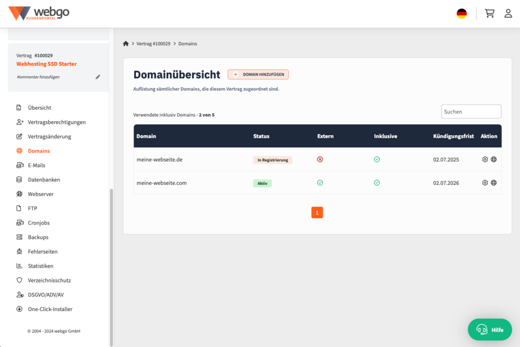 Screenshot aus dem neuen webgo Kundenportal und der neuen Domainübersicht.