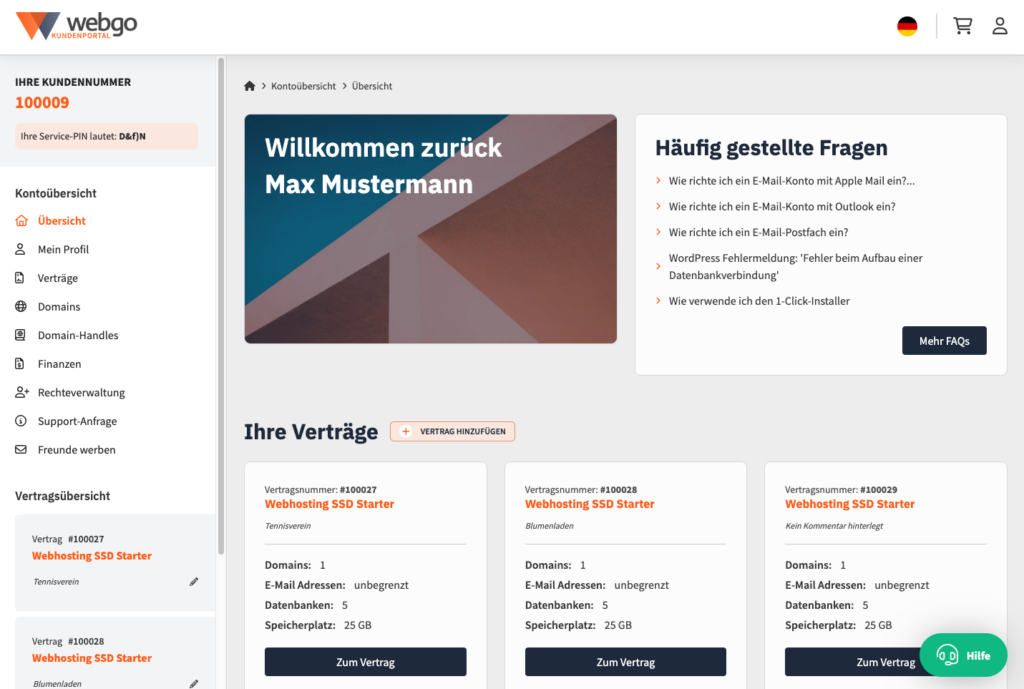 Screenshot der Startseite aus dem neuen webgo Kundenportal