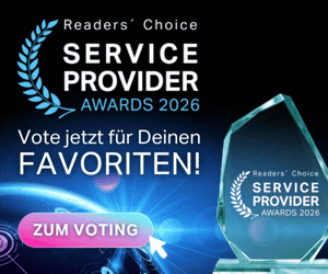 Service Provider Awards 2026 Banner mit Voting-Aufruf &bdquo;Vote jetzt f&uuml;r Deinen Favoriten&ldquo; und Button &bdquo;Zum Voting&ldquo;.