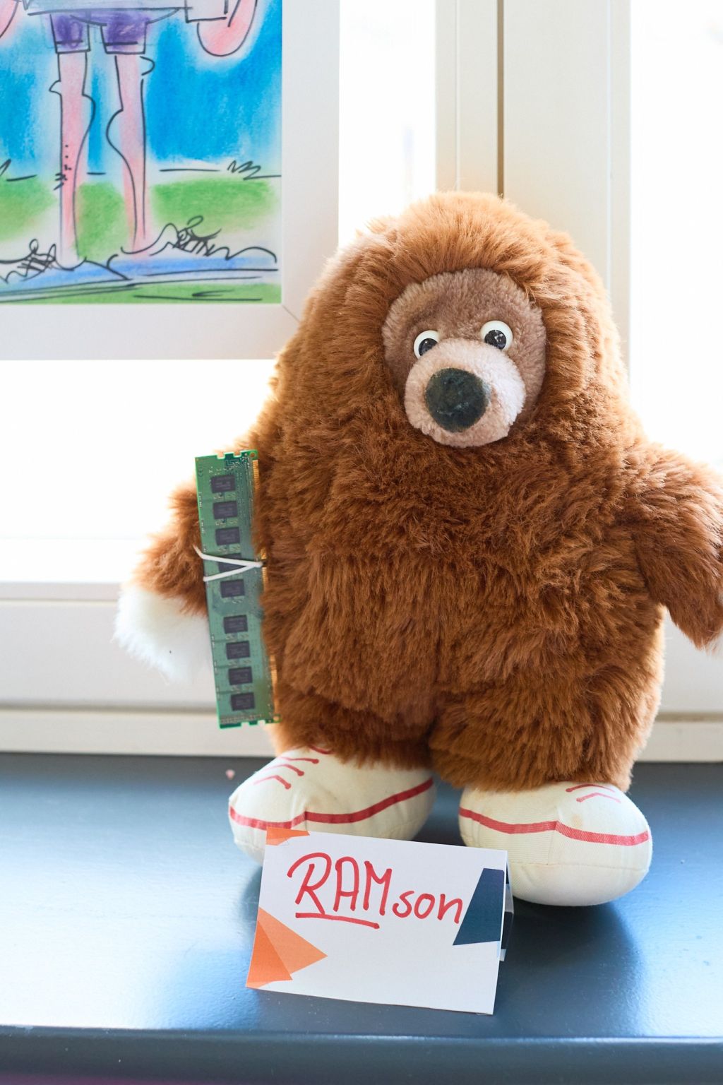 Auf dem Bild zu sehen: webgo "Maskottchen" Kuschelbär "RAMson" mit einem RAM Riegel in der Hand.