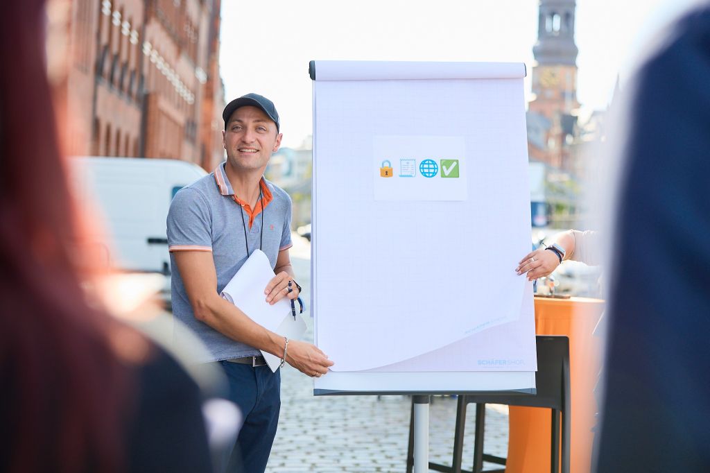 Auf dem Bild zu sehen: webgo Mitgründer Pascal Mader draußen vor der Eventlocation beim Leiten des Spiels "Emoji-Wort-Rätsel". Neben ihm eine Flipchart mit 4 Emojis "Schloss"🔒, "Bon"🧾, "Globus mit Meridianen"🌐 & "weißem Checkmark auf grünem Grund"✅.