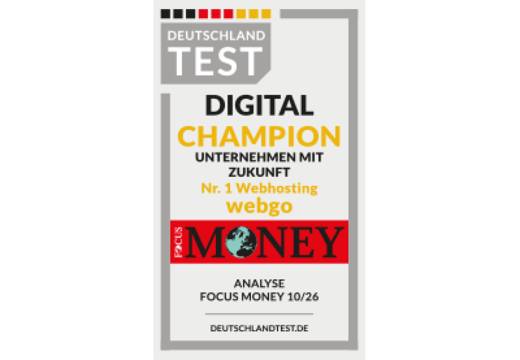 Auszeichnung &bdquo;Digital Champion 2026&ldquo; von Focus Money f&uuml;r webgo als Nr. 1 im Webhosting, Deutschland Test Analyse.