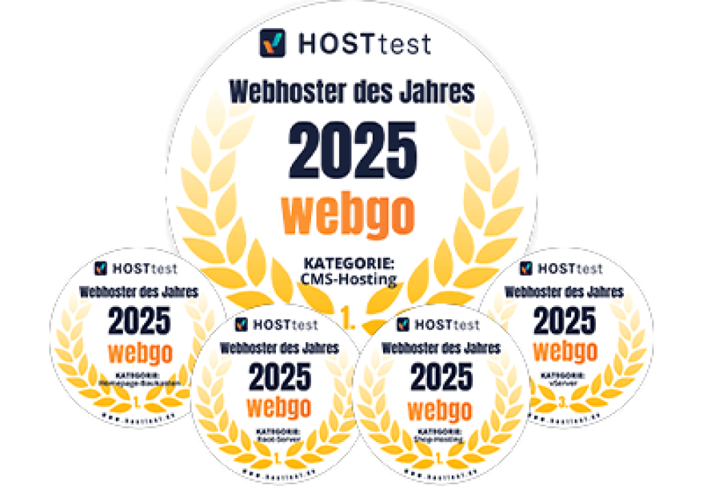 Mehrere Siegel &bdquo;Webhoster des Jahres 2025&ldquo; f&uuml;r webgo in Kategorie CMS-Hosting mit Platz 1, dargestellt als goldene Awards-Serie.