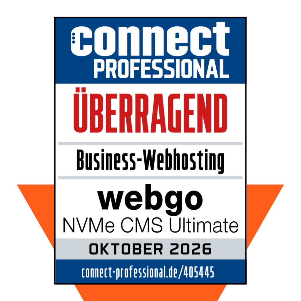 Webhosting Vergleichstest - webgo erh&auml;lt im Oktober 2026 die Auszeichnung &bdquo;&Uuml;berragend&ldquo; von connect professional f&uuml;r Business-Webhosting mit NVMe CMS Ultimate.
