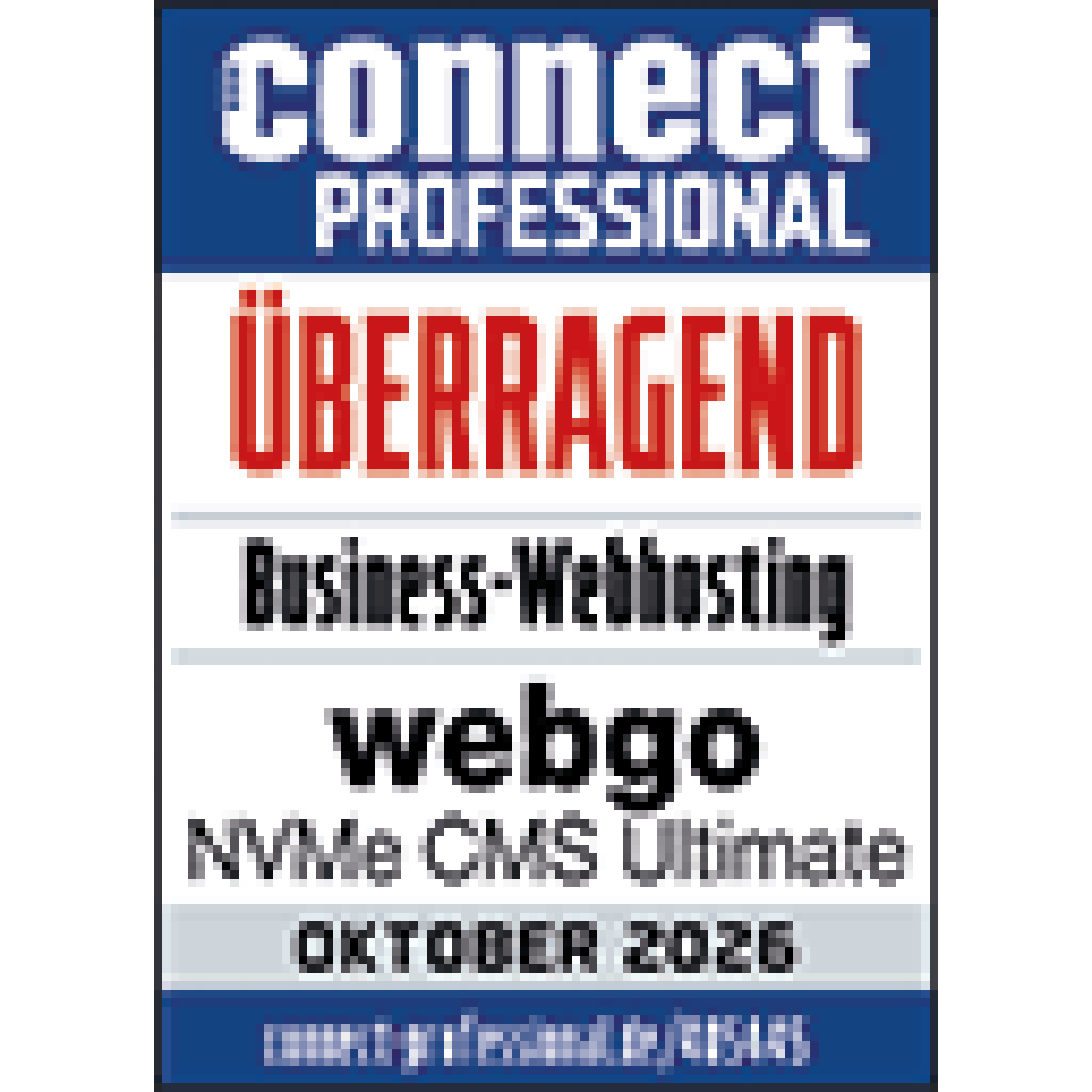connect professional Testsiegel 2026: webgo NVMe CMS Ultimate erh&auml;lt im Business-Webhosting-Test das Urteil &bdquo;&Uuml;berragend&ldquo;.