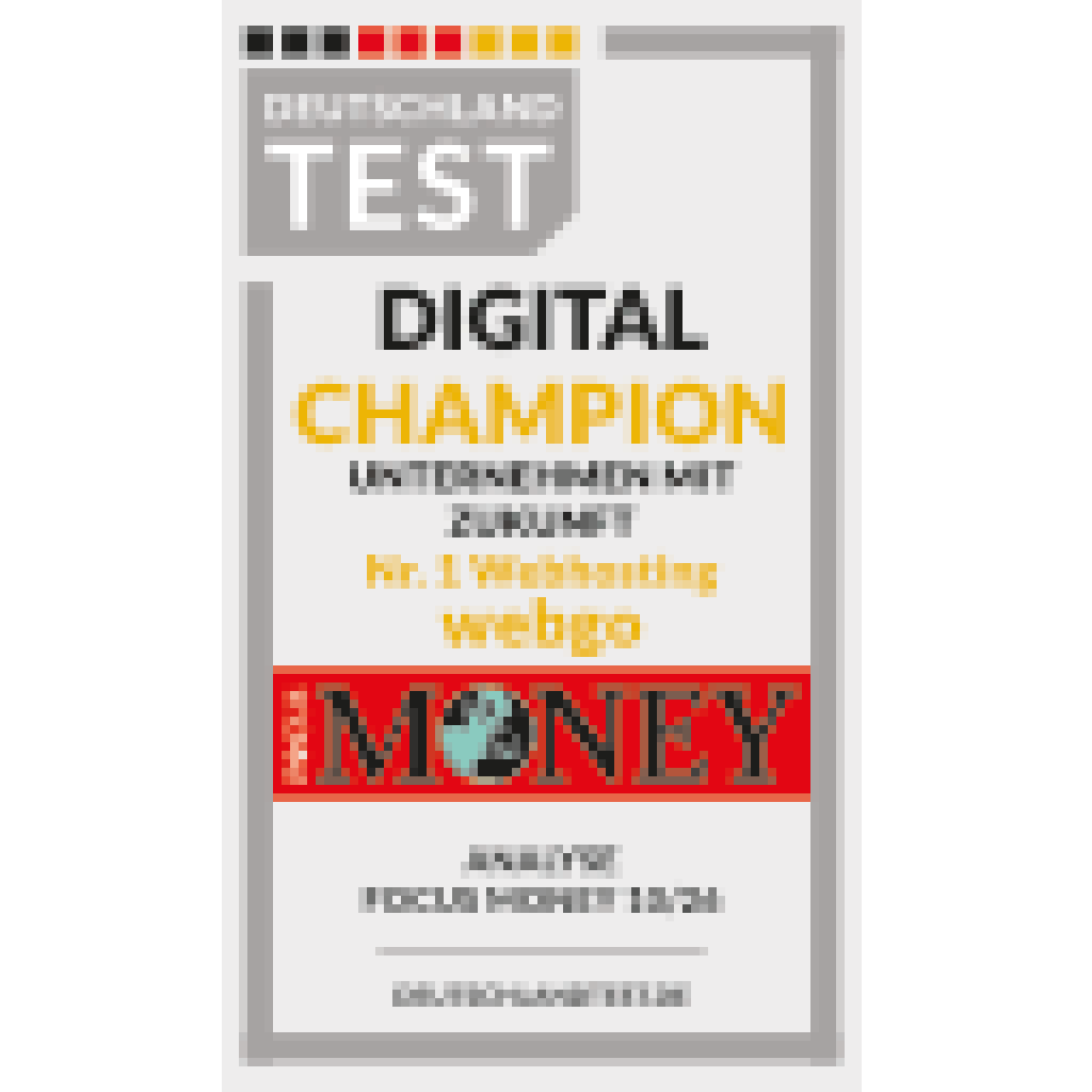 Auszeichnung &bdquo;Digital Champion 2026&ldquo; von Focus Money f&uuml;r webgo als Nr. 1 im Webhosting, Deutschland Test Analyse.