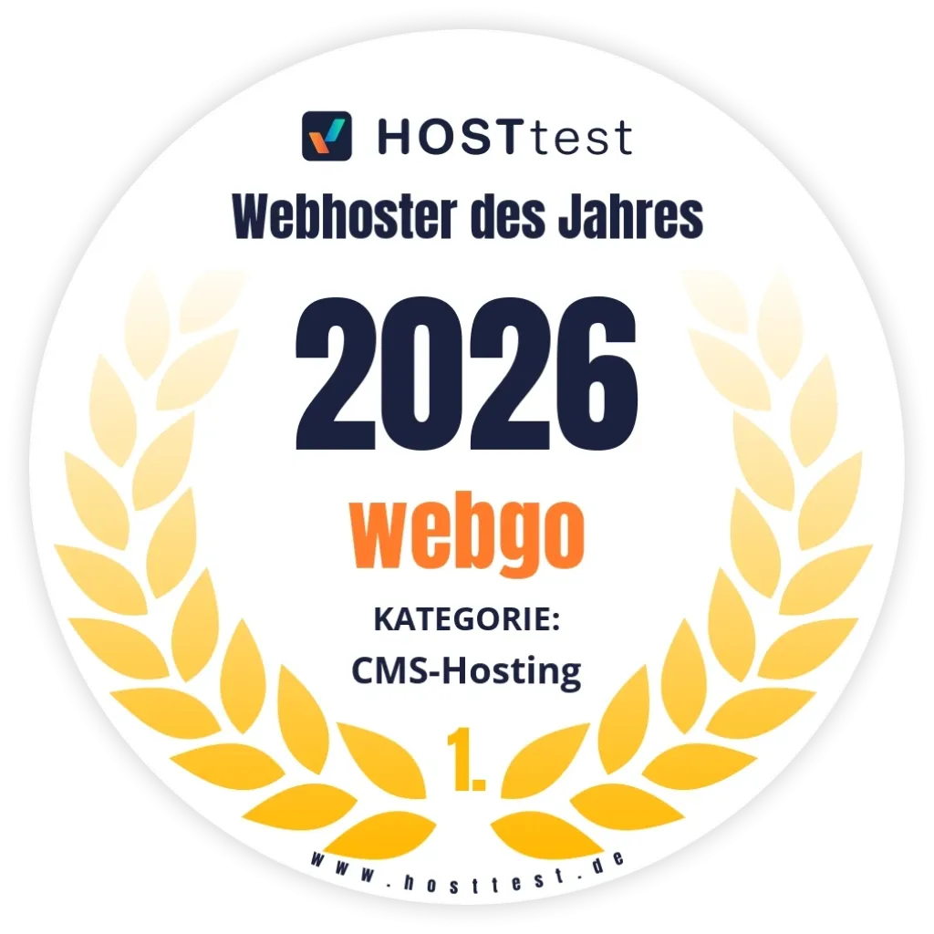 Auszeichnung zum ersten Platz und damit zum Webhoster des Jahres 2026 f&uuml;r die webgo GmbH in der Kategorie CMS-Hosting.