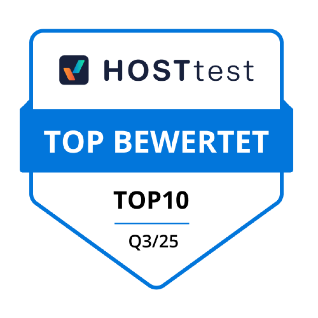 Auszeichnungssiegel für webgo, welcher zu den Top 10 der deutschen Webhoster gilt und von HOSTtest ausgezeichnet wird. Gilt für Q3 2025.