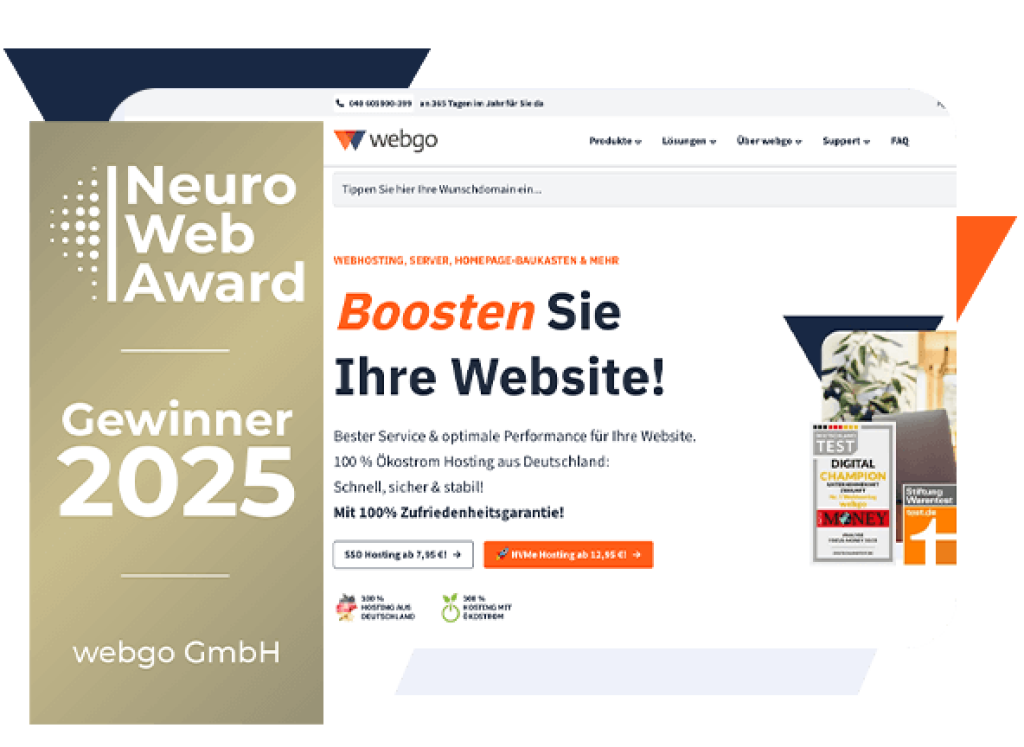 Gewinner-Siegel des Neuro Web Award 2025 und daneben ein Screenshot der Startseite von webgo.de.