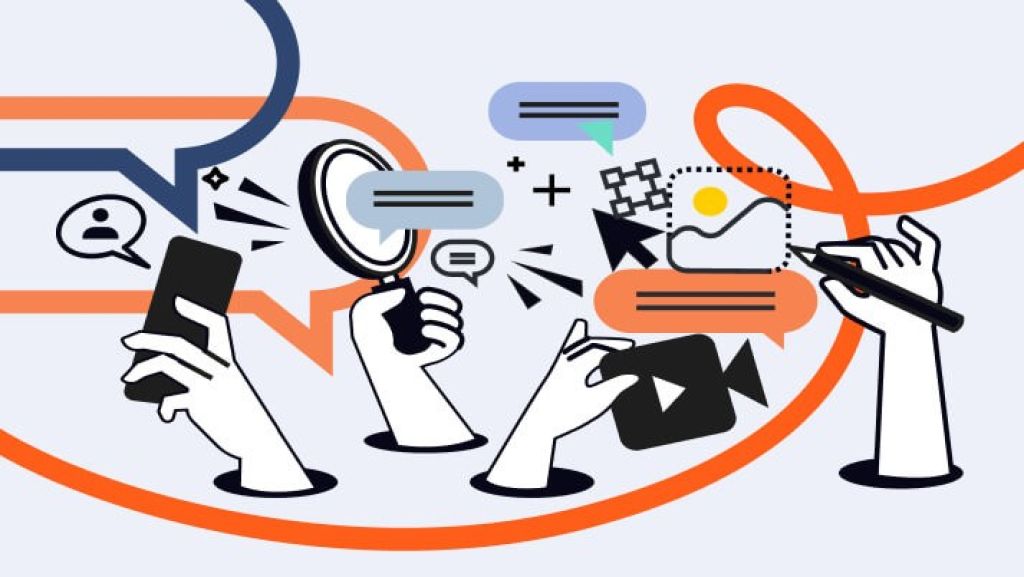 Mehrere stilisierte H&auml;nde halten verschiedene Objekte: ein Smartphone, eine Lupe, ein Stift und ein Play-Symbol. Um die H&auml;nde verlaufen geschwungene Linien in Orange und Dunkelblau, die Sprechblasen und Symbole wie ein Benutzer-Icon, Textfelder und ein Bild mit einem gelben Punkt verbinden. Die Darstellung ist abstrakt und verwendet klare Linien in Schwarz, Orange und Dunkelblau.