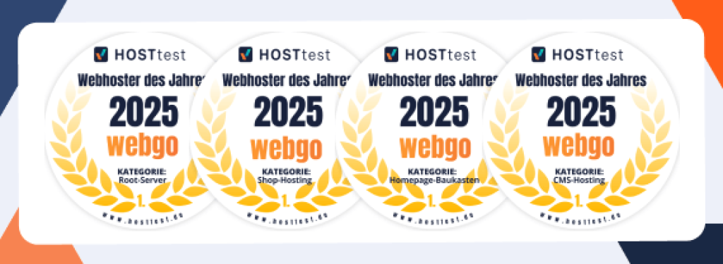 Grafik mit vier HOSTtest-Auszeichnungen „Webhoster des Jahres 2025“ für webgo. Die Siegel zeigen die gewonnenen Kategorien: Root-Server, Shop-Hosting, Homepage-Baukasten und CMS-Hosting. Die Illustration unterstreicht Webgos mehrfachen Erfolg als Top-Webhoster.