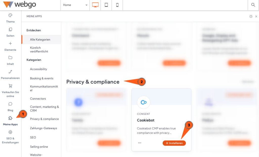 Screenshot aus dem webgo Homepage-Baukasten-Editor mit geöffneter App-Übersicht. Markiert sind die Schritte zur Installation des Cookiebot-Tools: 1. Klick auf „Meine Apps“ in der linken Seitenleiste, 2. Auswahl der Kategorie „Privacy & compliance“, 3. Klick auf „Installieren“ beim Cookiebot-Modul. Bild dient als Anleitung für die einfache Aktivierung von Cookie-Bannern zur DSGVO-Konformität.