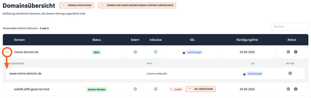 &Uuml;berarbeitete Domain&uuml;bersicht im webgo Kundenportal mit Tabellenansicht zu Status, SSL, Subdomains und Verwaltungsoptionen f&uuml;r Domains.