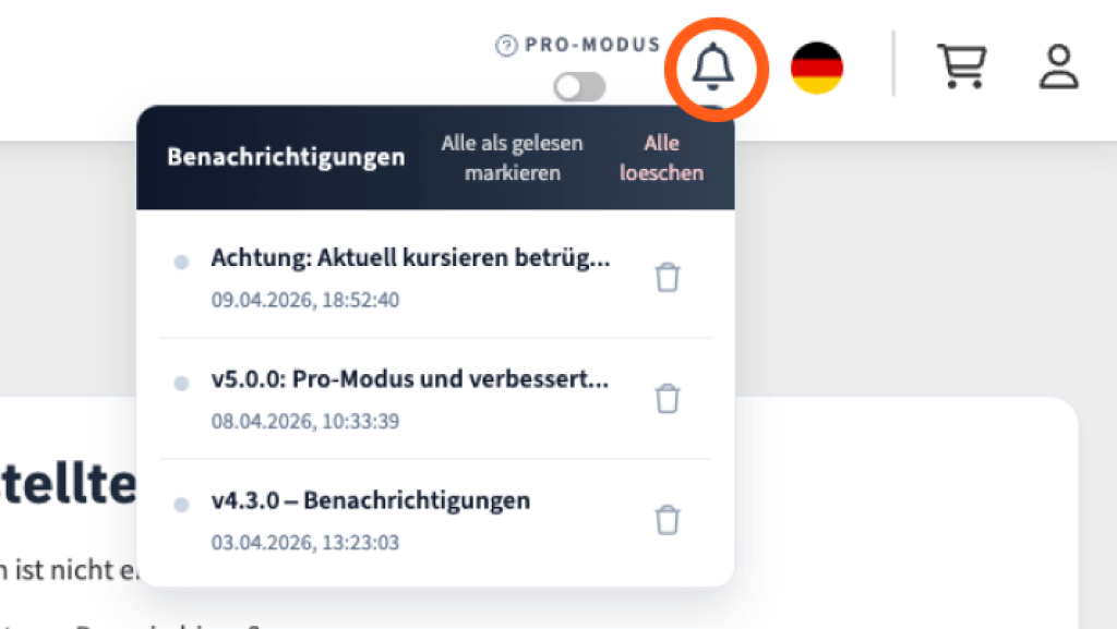 Benachrichtigungsfunktion im webgo Kundenportal mit Glocken-Icon und Dropdown-Liste aktueller Meldungen inklusive Zeitstempel und L&ouml;schoption.