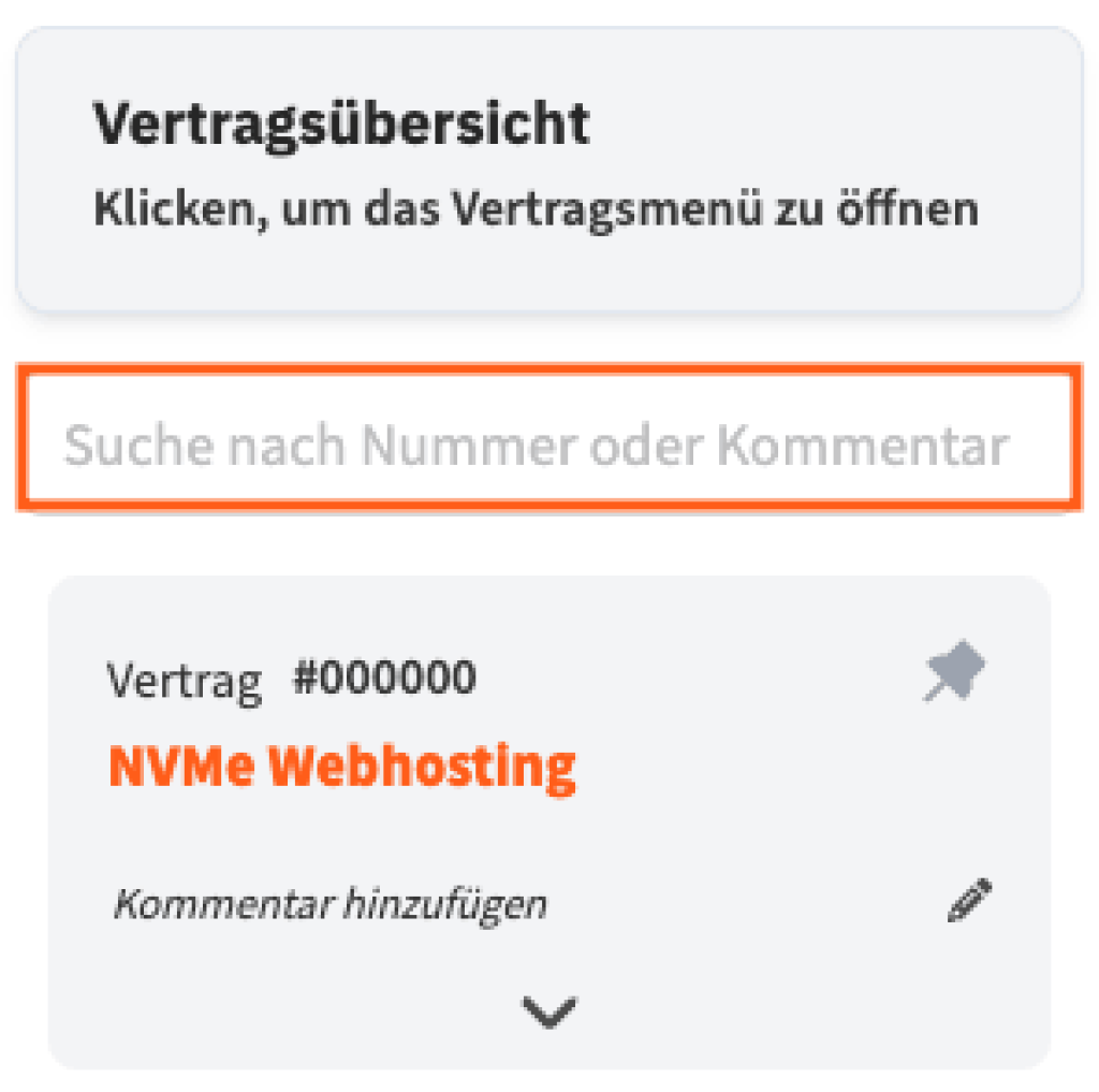 Suchfunktion im webgo Kundenportal zur Vertragssuche nach Vertragsnummer oder Kommentar mit hervorgehobenem Eingabefeld und Vertrags&uuml;bersicht.