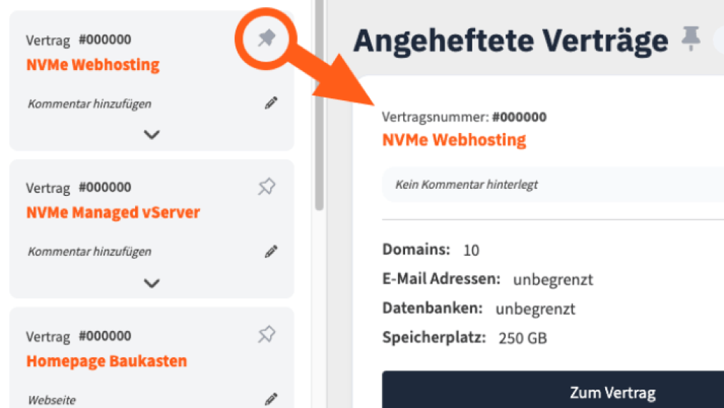 Anpinn-Funktion im webgo Kundenportal zeigt angehefteten Vertrag NVMe Webhosting mit hervorgehobenem Pin-Icon und Vertragsdetails im Dashboard.