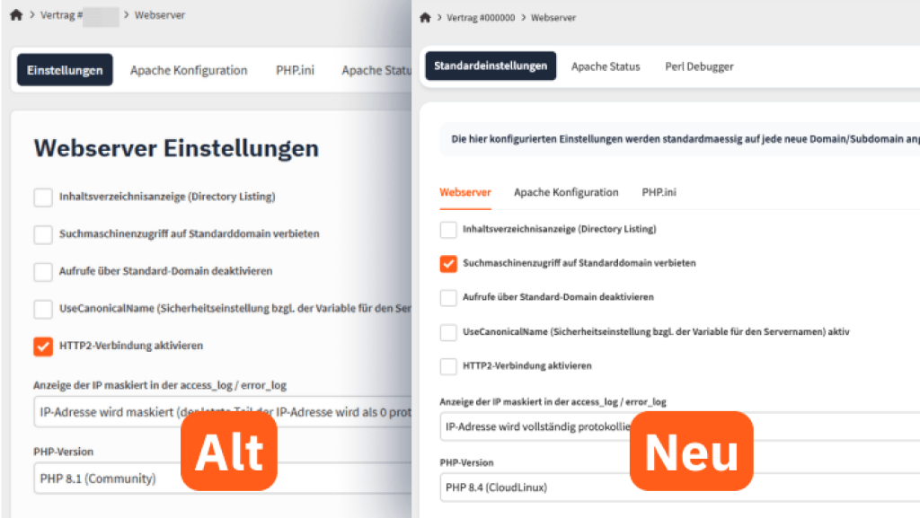 Vergleich alte und neue Webserver-Einstellungen im webgo Kundenportal mit &uuml;berarbeiteter Oberfl&auml;che, neuen Tabs und erweiterten Konfigurationsoptionen.