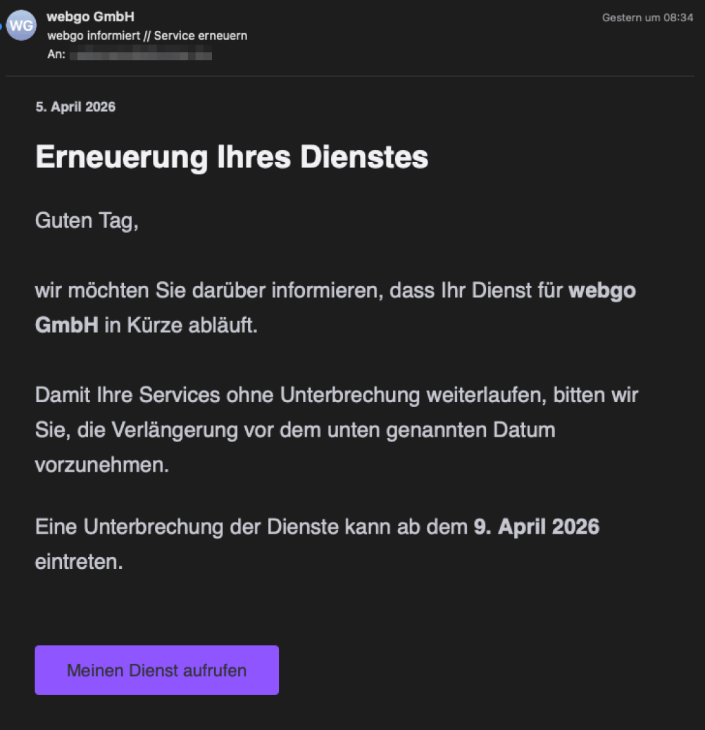 Phishing-Mail im Namen von webgo zur Service-Erneuerung mit Hinweis auf baldigen Ablauf und Button &bdquo;Meinen Dienst aufrufen&ldquo;.