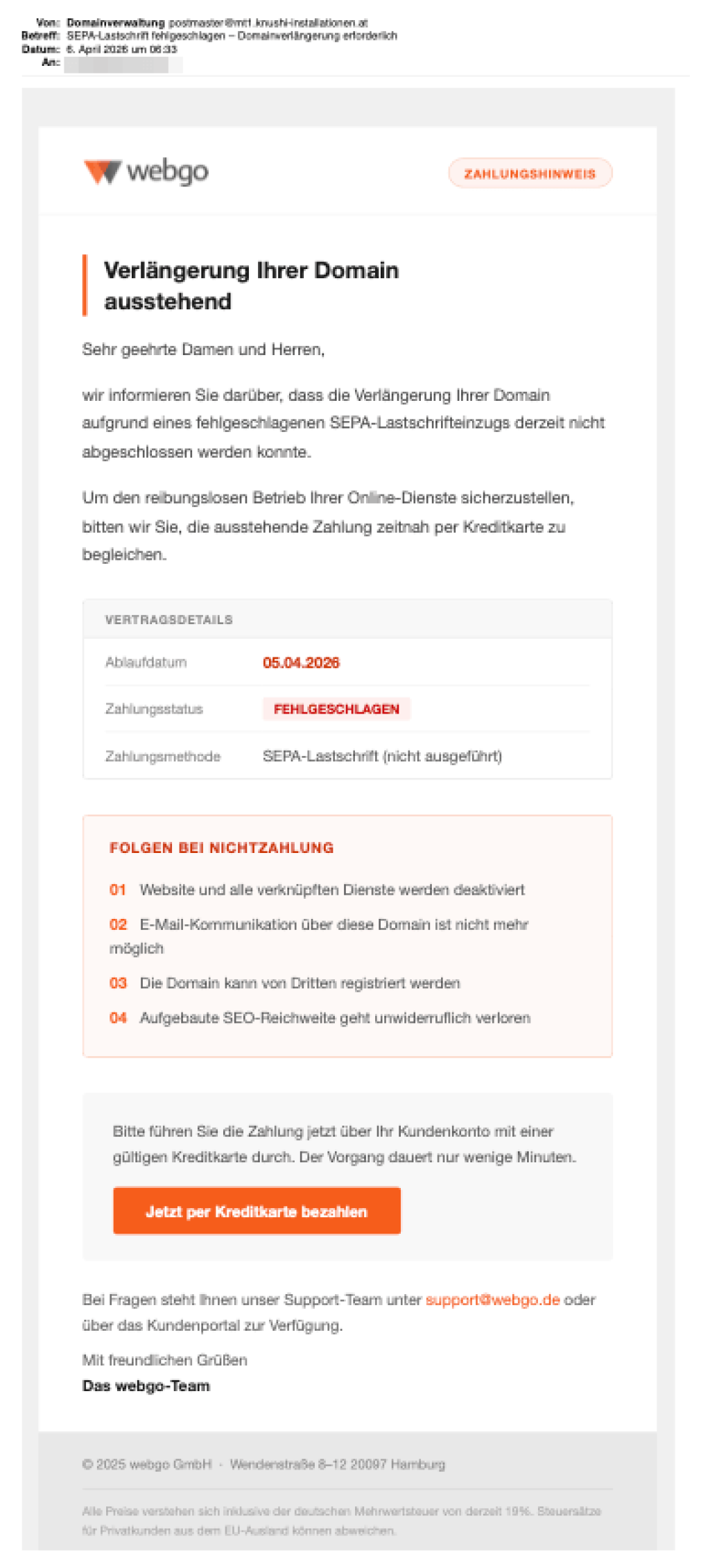 Phishing-Mail zur ausstehenden Domain-Verl&auml;ngerung bei webgo mit Zahlungsfehler, Ablaufdatum und Kreditkarten-Zahlungsaufforderung.