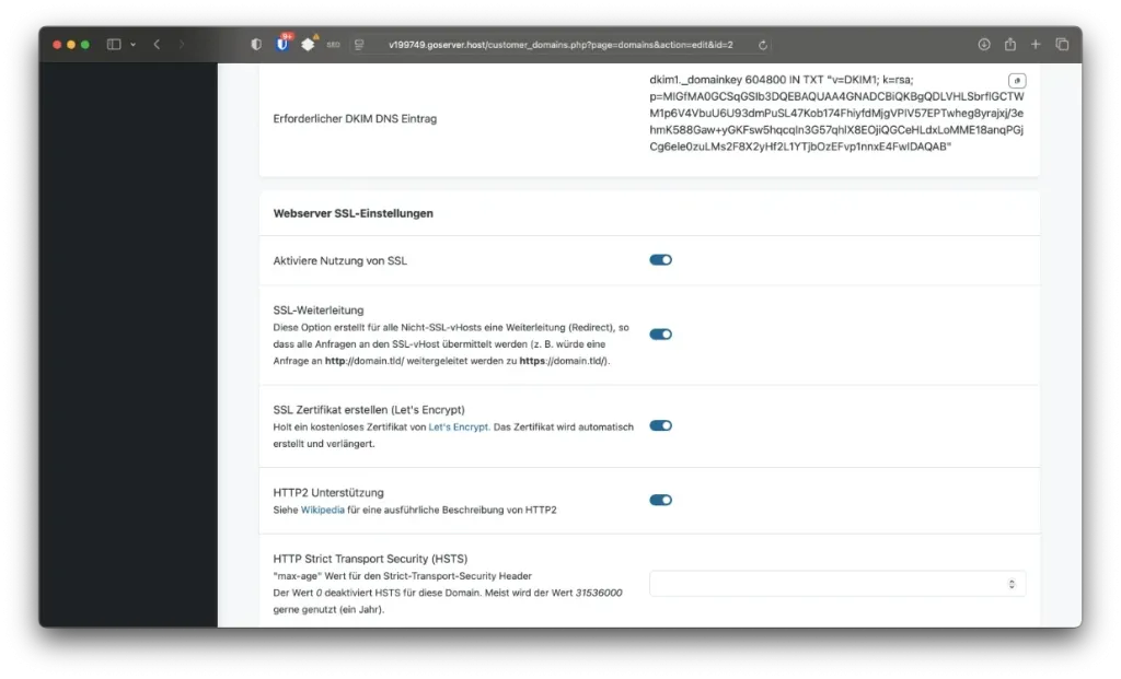 Screenshot aus der Verwaltungsoberfläche "Froxlor", worüber Sie bei Ihren Domaineinstellungen die Webserver SSL-Einstellungen definieren können, um für Ihre Domain das kostenlose und inklusive Lets Encrypt-SSL Zertifikat zu aktivieren.