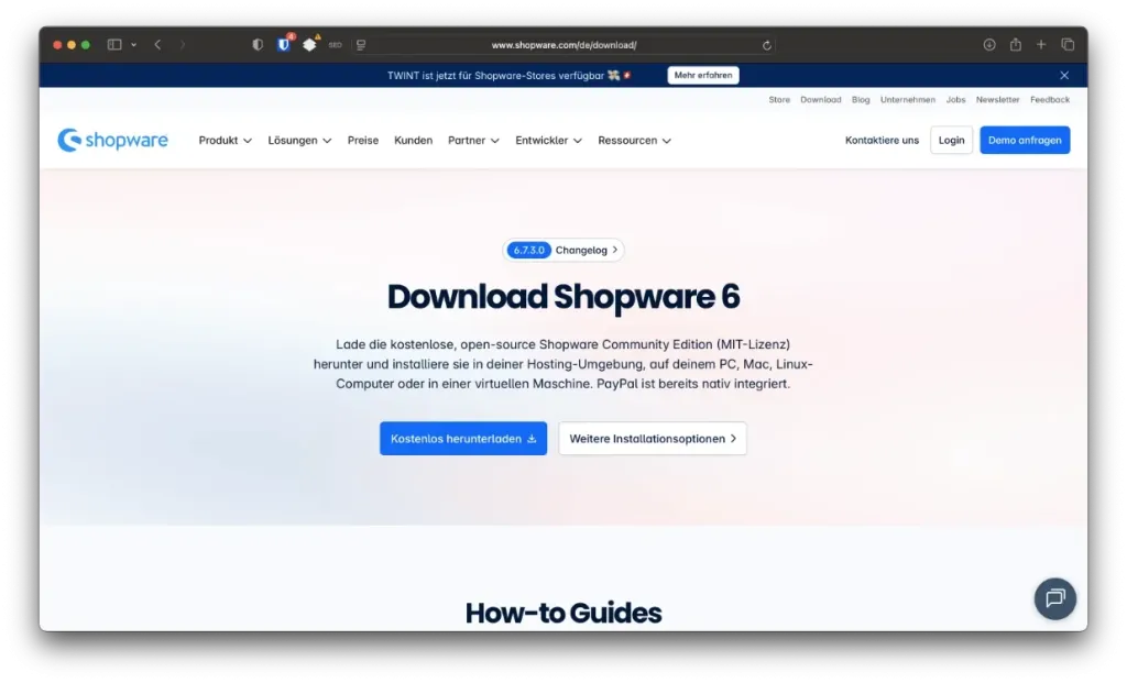 Screenshot aus der Download-Seite von Shopware.com. Hier kann man Shopware 6 kostenlos herunterladen.