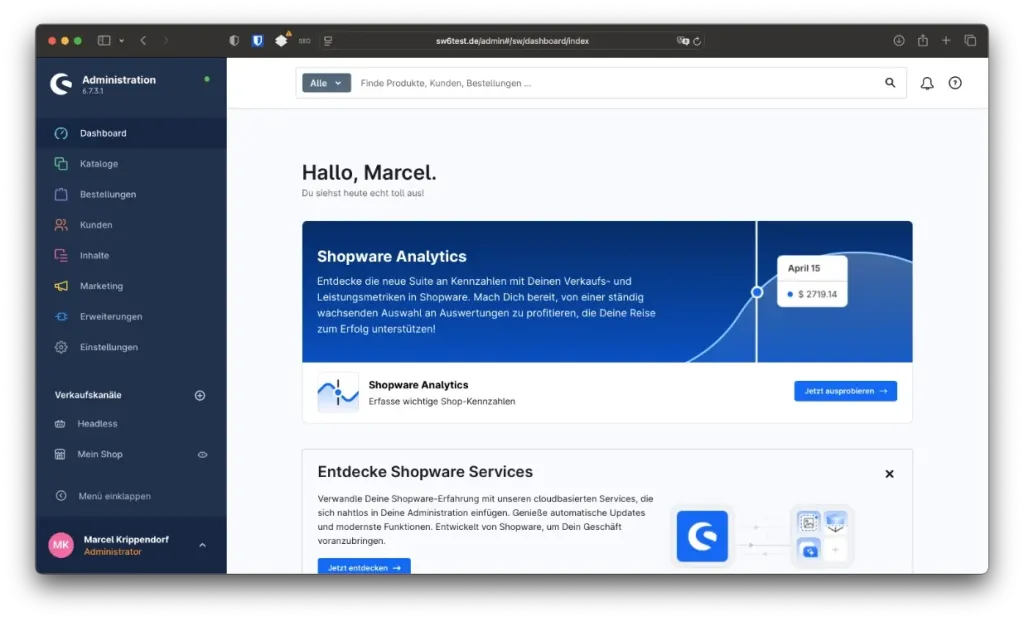 Screenshot aus dem Shopware 6-Dashboard. Zu sehen ist die linke Navigation.