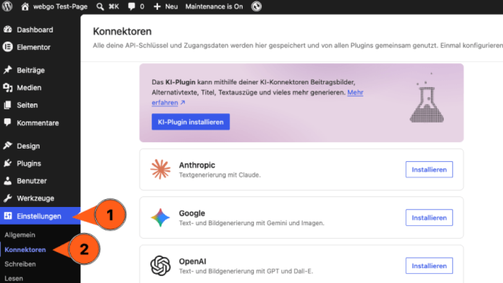 WordPress-Dashboard mit neuem Konnektoren-Bereich f&uuml;r KI-Plugins wie Anthropic, Google und OpenAI in Version 7.0.