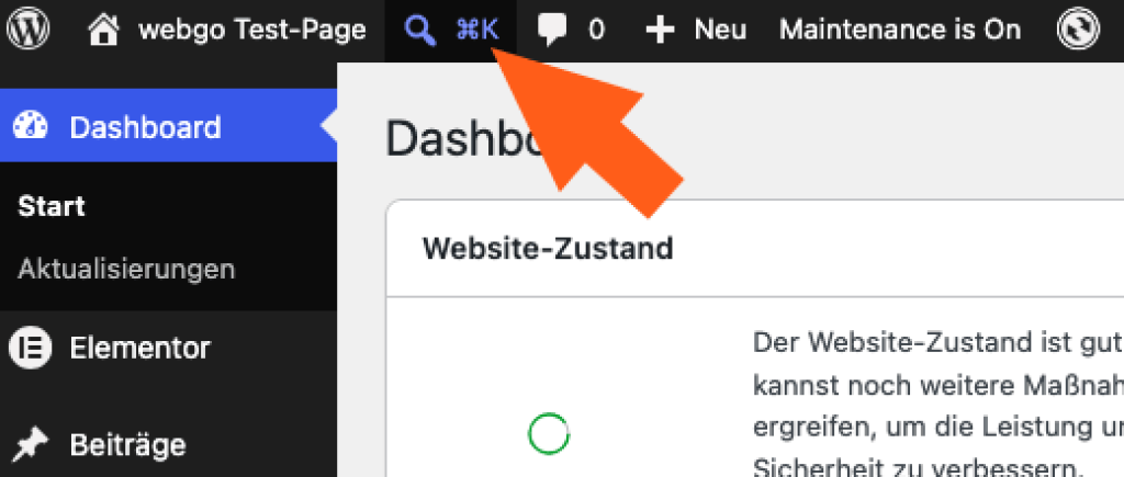 Screenshot aus dem WordPress-Dashboard, worauf ein Pfeil auf den Button zum aktivieren der neuen Command-Funktion in der Dashboard-Toolbar aufzeigt, auch ansteuerbar mit der Tastenkombination CMD+K (bei Macs) oder STRG+K (bei Windows).