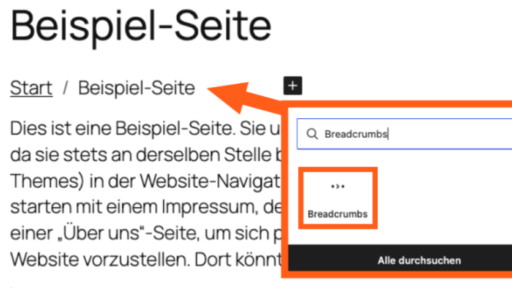 Screenshot aus dem Gutenberg Editor, was die neue Breadcrumbs-Funktion zeigt.