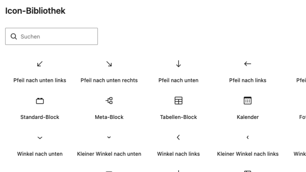Screenshot der neuen Icon-Bibliothek, welches im Gutenberg-Editor als neuer Block jederzeit angesteuert werden kann.