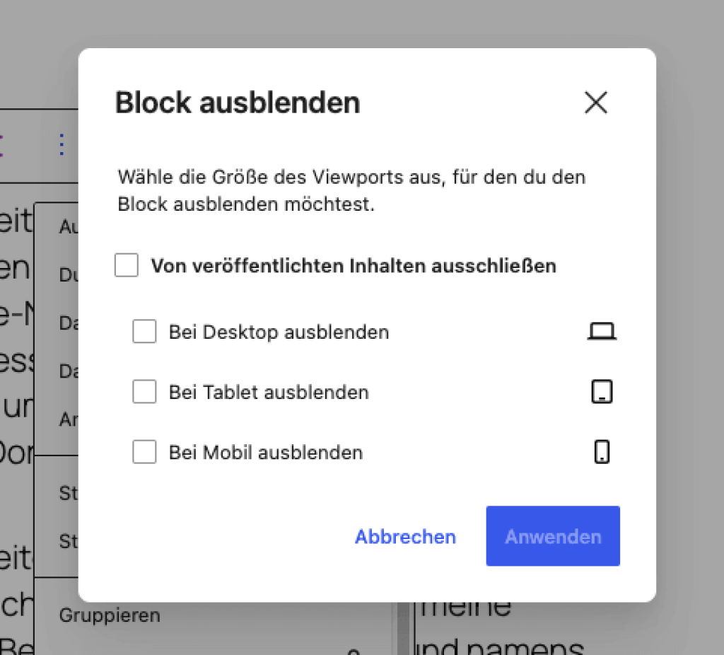 Gutenberg-Editor mit Dialog &bdquo;Block ausblenden&ldquo; f&uuml;r responsive Sichtbarkeit auf Desktop, Tablet und Mobilger&auml;t.