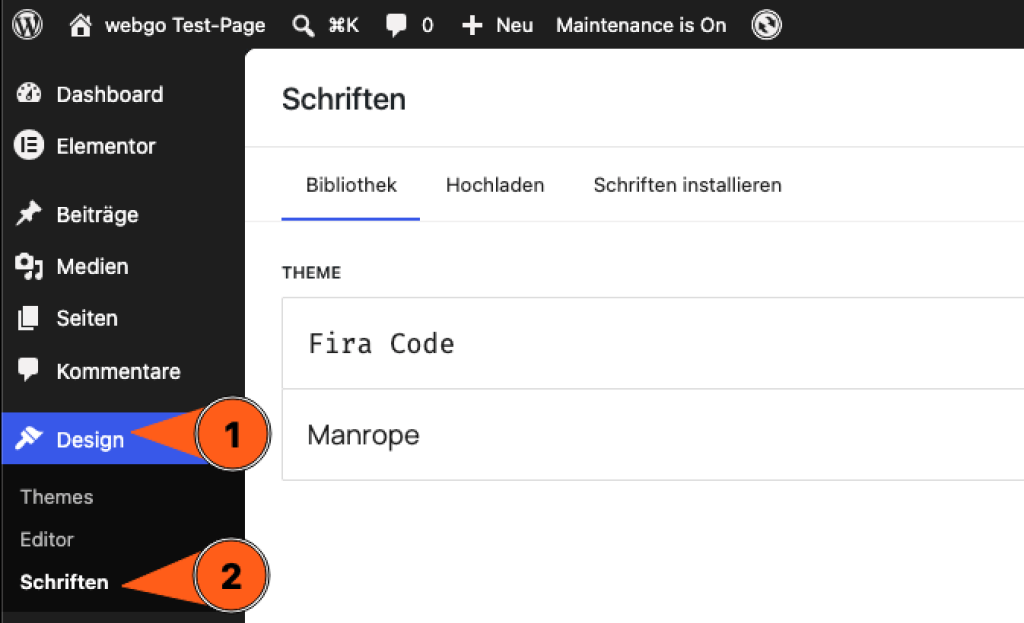 Screenshot aus dem WordPress-Dashboard, was die Schriften-&Uuml;bersichtsseite zeigt. Dorthin gelangt man &uuml;ber das Men&uuml; wenn man auf "Design" und dann auf "Schriften" klickt.