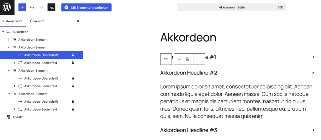 Screenshot des WordPress-Editors in Version 6.9 mit der neuen Akkordeon-Funktion: In der Listenansicht sind mehrere Akkordeon-Elemente mit Überschriften und Bedienfeldern sichtbar, teils gesperrt. Rechts erscheint die Akkordeon-Vorschau mit aus- und einklappbaren Bereichen, die zeigen, wie Inhalte strukturiert und interaktiv dargestellt werden können.