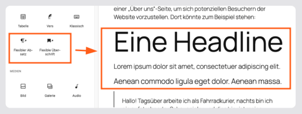 Screenshot des WordPress-Editors in Version 6.9: Im Blockeinfügen-Menü werden die neuen Blöcke „Flexibler Absatz“ und „Flexible Überschrift“ hervorgehoben. Rechts ist eine große, individuell formatierbare Headline mit begleitendem Text zu sehen. Die neuen flexiblen Blöcke ermöglichen variablere Typografie und eine präzisere Gestaltung direkt im Editor.