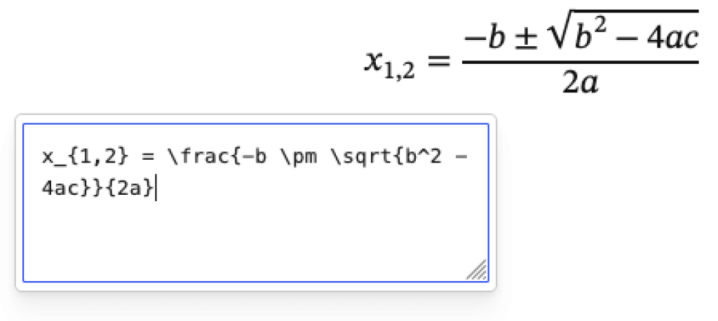 Screenshot des neuen Math-Blocks in WordPress 6.9: Oben wird die korrekt gerenderte Lösungsformel angezeigt. Darunter befindet sich das Eingabefeld des Math-Blocks mit dem entsprechenden LaTeX-Code. Der Screenshot demonstriert die Fähigkeit des Editors, mathematische Formeln direkt zu rendern und zu bearbeiten.