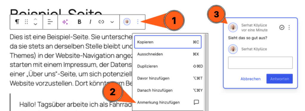 Screenshot des WordPress-Editors in Version 6.9: Über das Drei-Punkte-Menü eines Absatzblocks wird das neue „Notiz hinzufügen“-Feature geöffnet. Im rechten Bereich erscheint ein Notiz-Overlay mit Kommentarverlauf und Eingabefeld, das zeigt, wie Redakteurinnen direkt im Editor kollaborative Hinweise und Feedback hinterlassen können.