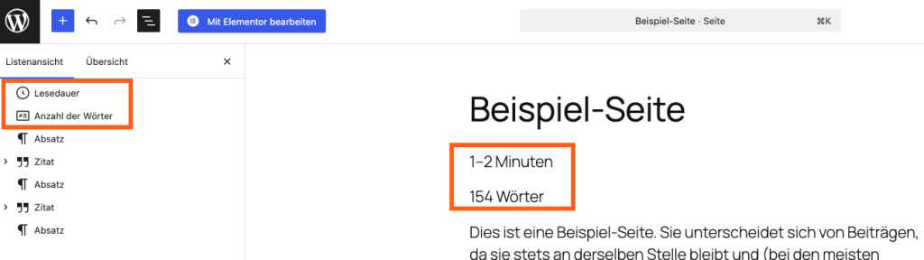 Screenshot des WordPress-Editors in Version 6.9: In der Listenansicht werden die neuen Funktionen „Lesedauer“ und „Anzahl der Wörter“ angezeigt. Auf der rechten Seite der Seite erscheinen die automatisch berechnete Lesedauer von 1–2 Minuten sowie die Wortanzahl von 154 Wörtern. Die Funktionen unterstützen Autorinnen bei der inhaltlichen Optimierung und Lesbarkeitsplanung.
