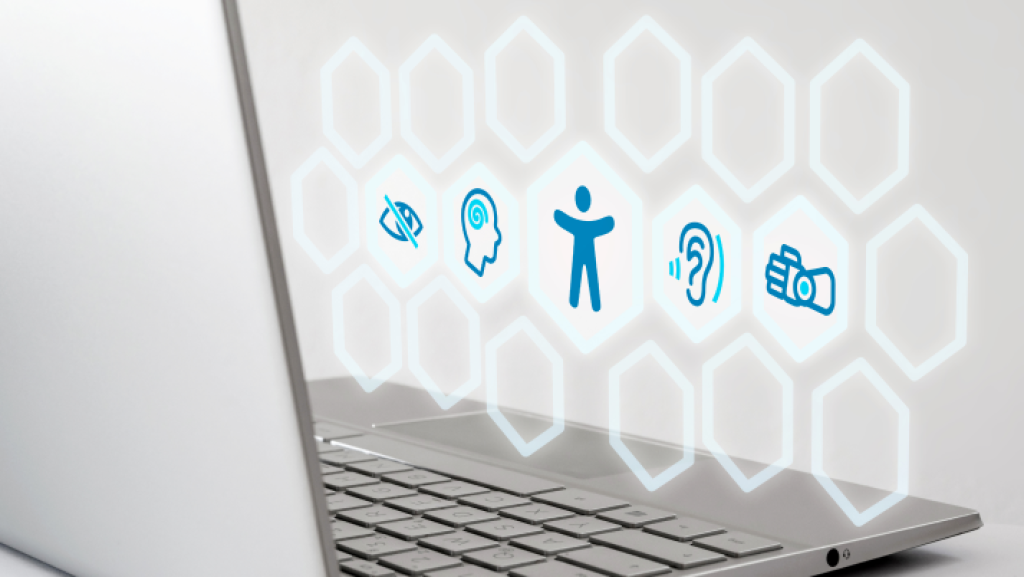 Laptop mit Symbolen / Icons für digitale Barrierefreiheit, die visuelle, auditive, kognitive und motorische Beeinträchtigungen darstellen. Symbolisches Bild für Zugänglichkeit, Inklusion.