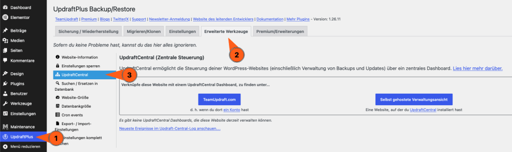 Screenshot aus dem WordPress-Backend mit Werdegang, wie man zur UpdraftCentral Einstellungsseite kommt: Erst links im Men&uuml; auf UpdraftPlus, dann im Tab-Men&uuml; auf Erweiterte Werkzeuge und anschlie&szlig;end im Submen&uuml; auf UpdraftCentral.