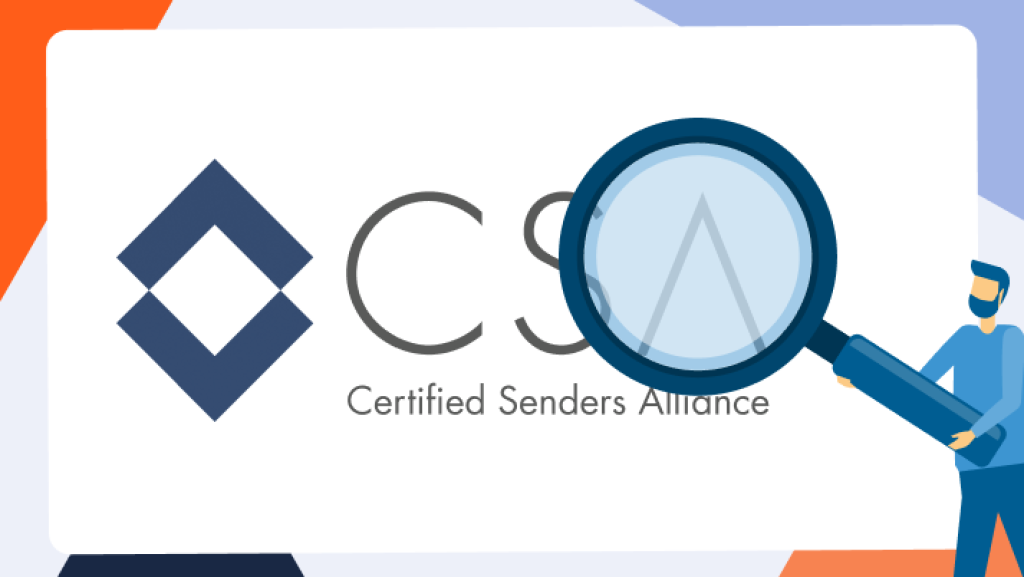 Illustration mit dem Logo der Certified Senders Alliance (CSA), daneben eine Person mit Lupe als Symbol für die Prüfung von E-Mail-Zertifizierungen und Zustellqualität – informatives Beitragsbild zum Thema CSA im E-Mail-Marketing und Webhosting.
