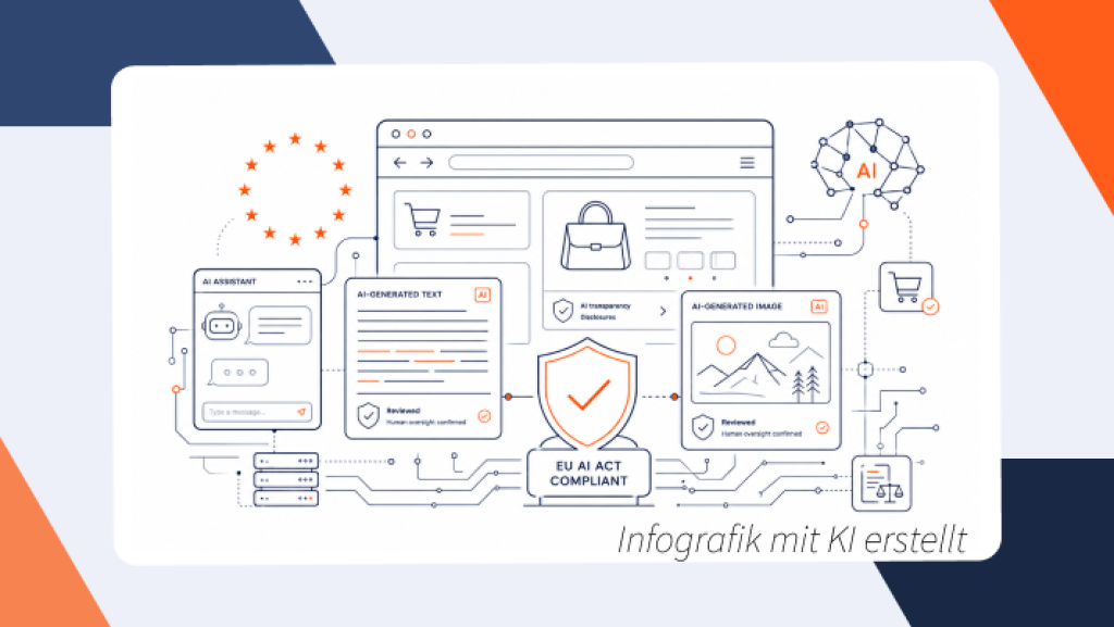 Illustration zum EU AI Act mit KI-Chatbot, KI-generierten Texten und Bildern, Online-Shop sowie Compliance-Schild f&uuml;r transparente und gesetzeskonforme KI-Nutzung.