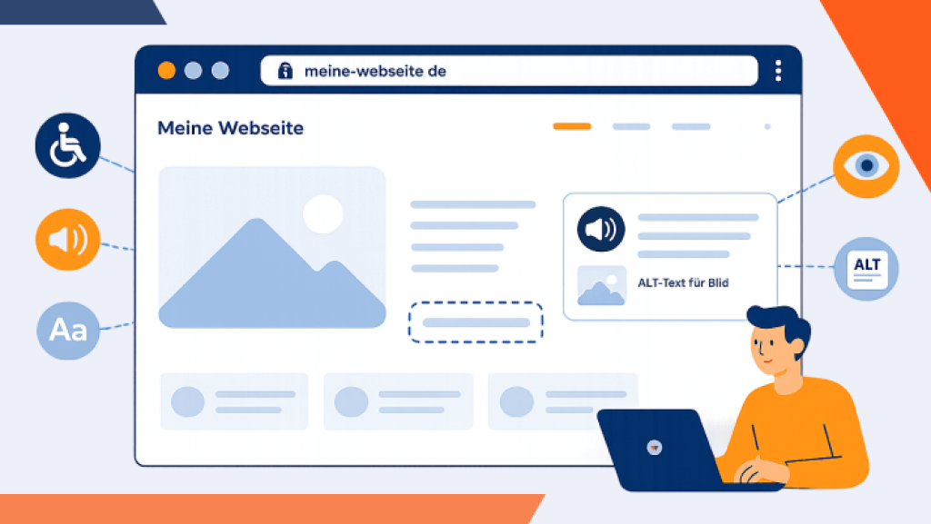 Illustration einer barrierefreien Website mit Alt-Text und Accessibility-Icons zum Global Accessibility Awareness Day.
