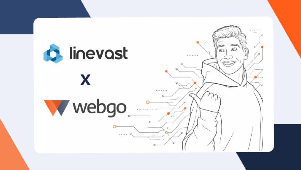 webgo Blog Thumb zum Zusammenschluss mit Hostingunternehmen linevast. Auf dem Bild sind die Logos beider Hostingunternehmen linevast und webgo zu sehen. Daneben ein im clean lineart Stil mit grauen Linien und orangefarbenen Akzenten gezeichneten j&uuml;ngeren Mann im Hoodie, der mit einem Daumen l&auml;chelnd zu den Logos zeigt. Im Hintergrund webgo typische dreieckige, grafische Elemente in orange und blau.