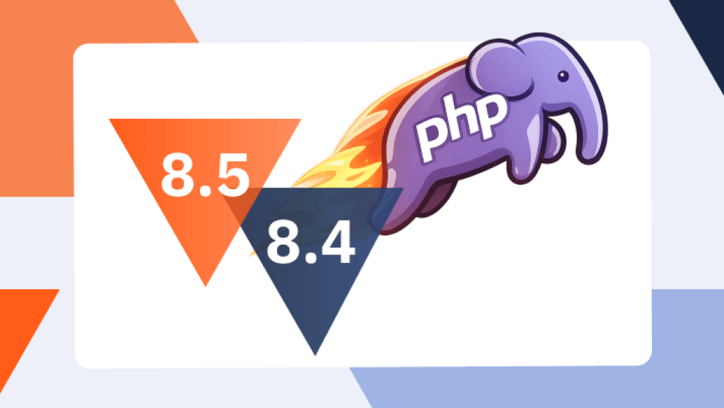 Illustration zum PHP-Update im Webhosting: Das PHP-Elefant-Logo fliegt wie eine Rakete und symbolisiert Performance-Boost durch die neuen PHP-Versionen 8.4 und 8.5.