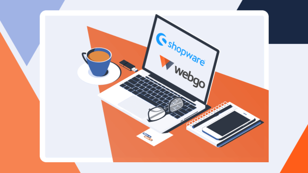 Illustration eines Arbeitsplatzes mit Laptop, auf dessen Bildschirm die Logos von shopware und webgo zu sehen sind. Daneben liegen eine Brille, ein Notizbuch, ein Smartphone und eine Kaffeetasse. Symbolisiert die Schritt-für-Schritt-Anleitung zur Installation von Shopware 6 im webgo Hosting.