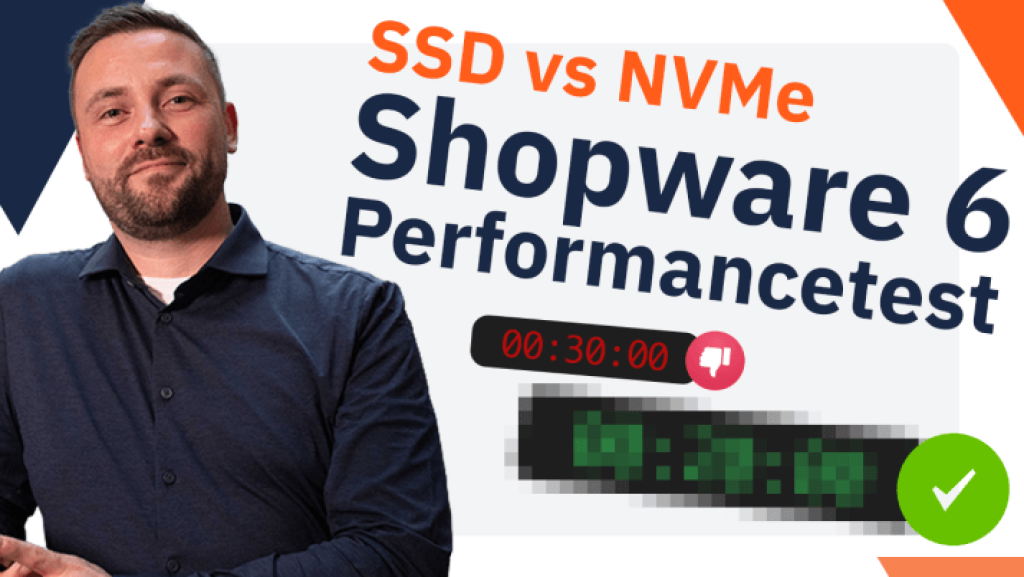 Vorschau-Bild zum Blogpost ‚Shopware-Performance im direkten Vergleich: Klassisches SSD-Webhosting versus modernes NVMe-Hosting‘. Zu sehen ist ein Mann in dunkler Kleidung, flankiert von großen Texten zu SSD, NVMe und Shopware 6 Performancetest. Symbole und Zeitangaben visualisieren die Testergebnisse. Das Bild unterstützt den Informationstext zur Leistungsbewertung von Shopware-Installationen auf verschiedenen Hosting-Typen.