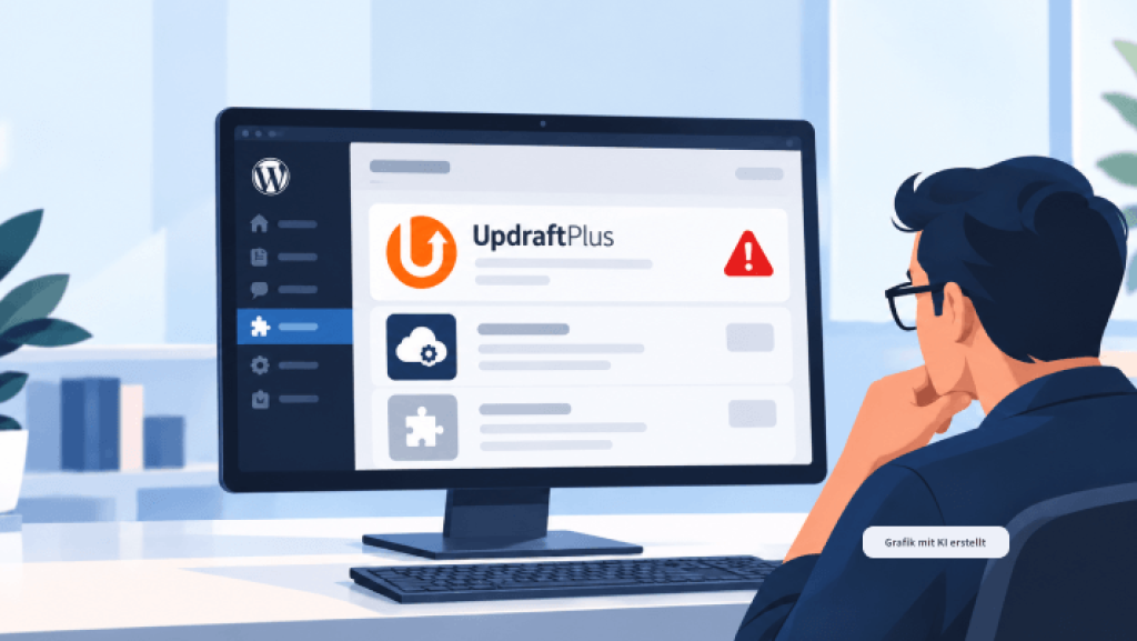 Mann betrachtet UpdraftPlus im WordPress-Dashboard. Ein rotes Warnsymbol weist auf eine Sicherheitsl&uuml;cke in UpdraftCentral hin.