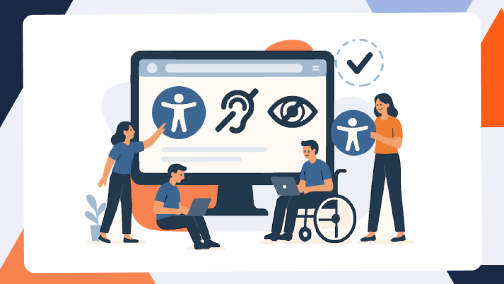 Illustration zur digitalen Barrierefreiheit: Menschen mit und ohne Behinderung nutzen gemeinsam Computer, Symbole für Barrierefreiheit, Hör- und Seheinschränkungen auf dem Bildschirm – Symbolbild für inklusives, barrierefreies Webdesign gemäß Barrierefreiheitsstärkungsgesetz (BFSG).