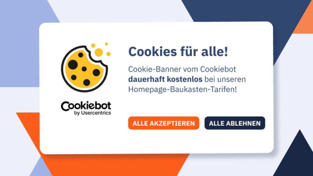 Grafik mit stilisierter Cookie-Illustration. Darunter das Cookiebot-Logo und Text „Cookies für alle! Cookie-Banner vom Cookiebot dauerhaft kostenlos bei unseren Homepage-Baukasten-Tarifen!“ – mit zwei Schaltflächen: „Alle akzeptieren“ (orange) und „Alle ablehnen“ (dunkelblau). Hintergrund in Blau-, Grau- und Orangetönen, passend zum webgo-Design.