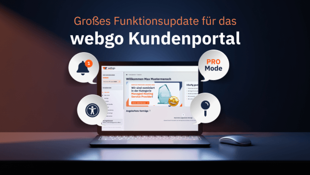 Gro&szlig;es Funktionsupdate f&uuml;r das webgo Kundenportal mit Laptop-Dashboard, Icons f&uuml;r Benachrichtigungen, Barrierefreiheit, Suche und Pro Mode.
